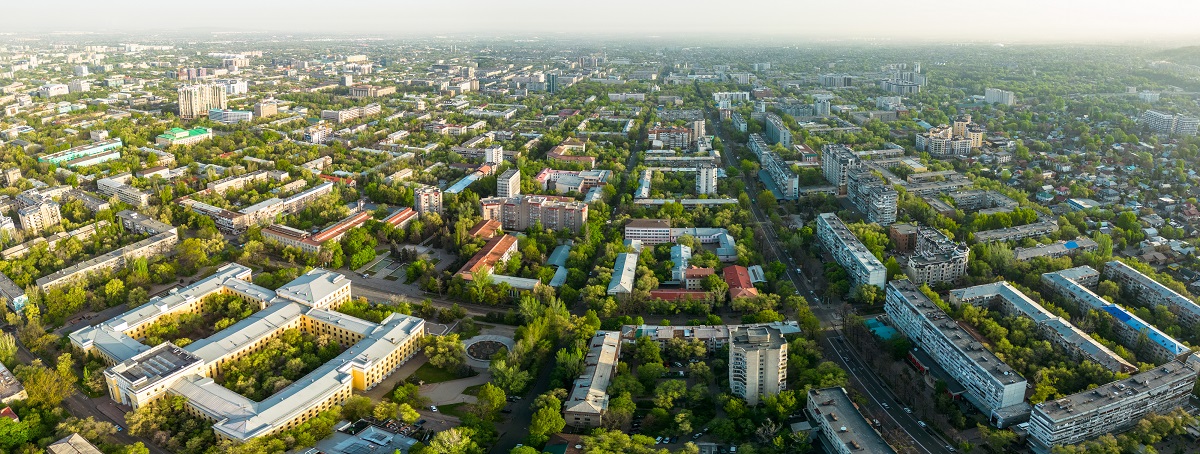 Aerial view of Almaty city during sunny spring day