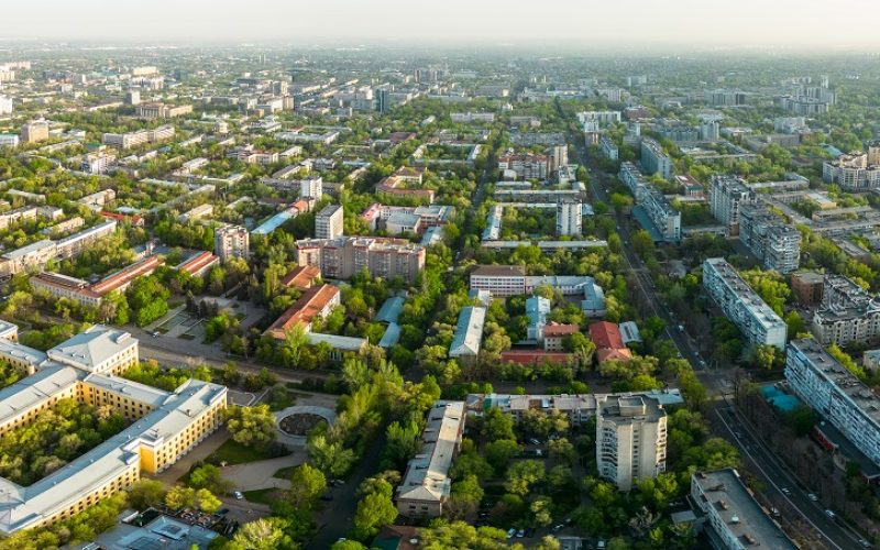 Aerial view of Almaty city during sunny spring day